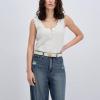 image:imageSam Edelman Womens Fashion DoubleE Plaque Logo Buckle Slim Textured Belt for Jeans Dresses and TrousersIvory
